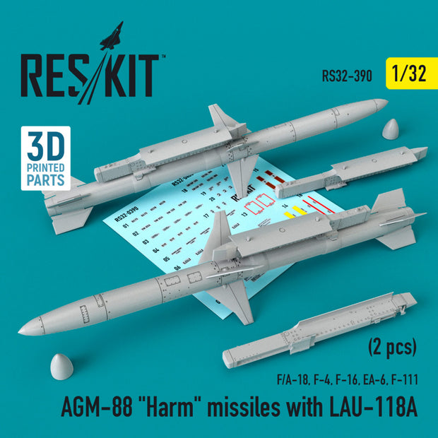 AGM-88 Harm Missiles with LAU-118A (2 pcs) (F/A-18, F-4, F-16, EA-6, F-111) Scale 1:32 ResKit RS32-0390 for Aircraft Model Kit
