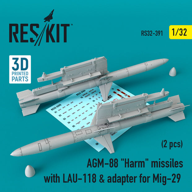 AGM-88 Harm Missiles with LAU-118 & adapter for MiG-29 (2 pcs) Scale 1:32 ResKit RS32-0391 for Aircraft Model Kit