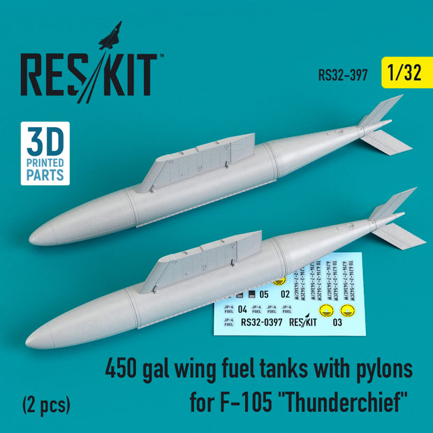 450 gal wing Fuel Tanks with Pylons for Republic F-105 Thunderchief (2 pcs) Scale 1:32 ResKit RS32-0397 for Aircraft Model Kit