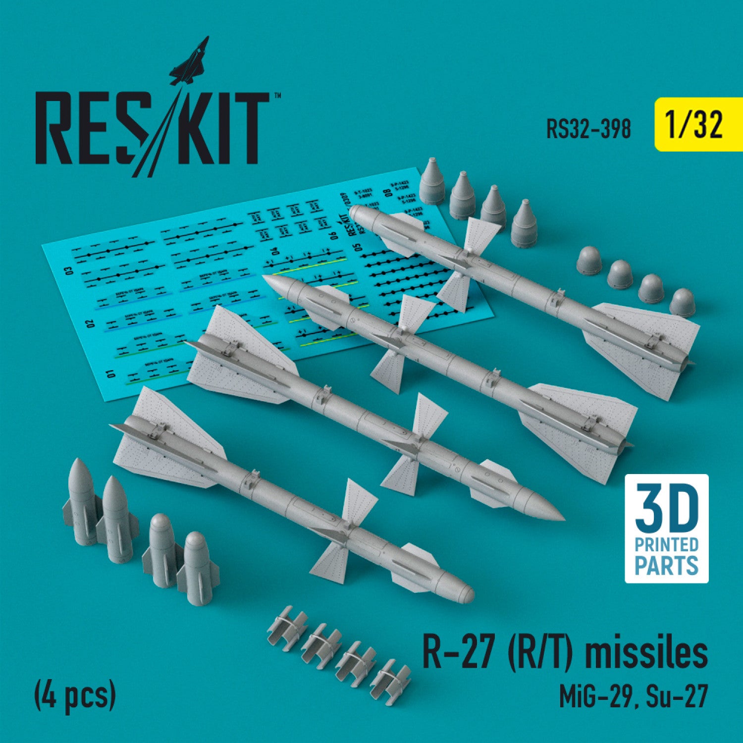 R-27 (R/T) Missiles (4 pcs) (MiG-29, Su-27) (3D Printed) Scale 1:32 ResKit RS32-0398 for Aircraft Model Kit