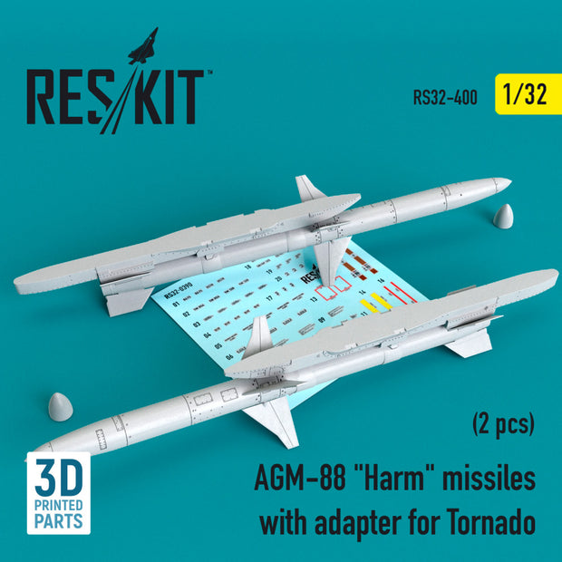 AGM-88 Harm Missiles with adapter for Tornado (2 pcs) Scale 1:32 ResKit RS32-0400 for Aircraft Model Kit