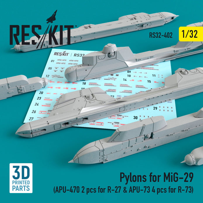 Pylons for MiG-29 (APU-470 2 pcs for R-27 & APU-73 4 pcs for R-73) Scale 1:32 ResKit RS32-0402 for Aircraft Model Kit