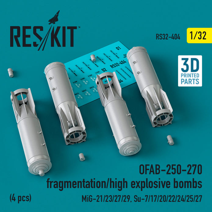 OFAB-250-270 fragmentation/high explosive Bombs (4 pcs) (MiG-21/23/27/29, Su-7/17/20/22/24/25/27) (3D Printed) Scale 1:32 ResKit RS32-0404 for Aircraft Model Kit