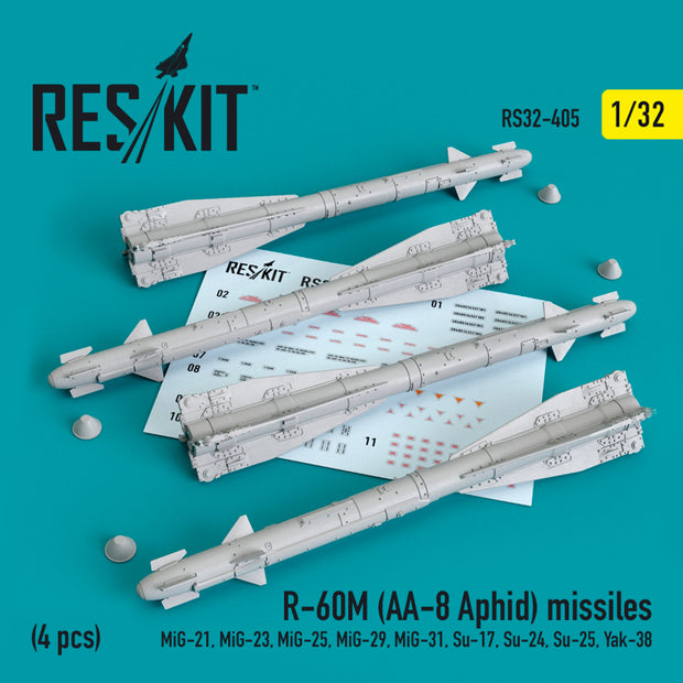 R-60М (AA-8 Aphid) Missiles (4 pcs) (MiG-21, MiG-23, MiG-25, MiG-29, MiG-31, Su-17, Su-24, Su-25, Yak-38) Scale 1:32 ResKit RS32-0405 for Aircraft Model Kit
