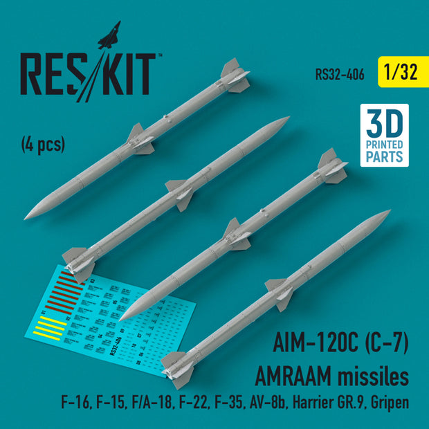 AIM-120C (C-7) AMRAAM Missiles (4 pcs) (F-16, F-15, F/A-18, F-22, F-35, AV-8b, Harrier GR,9, Gripen) (3D Printed) Scale 1:32 ResKit RS32-0406 for Aircraft Model Kit