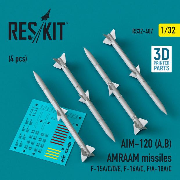AIM-120 (A,B) AMRAAM Missiles (4 pcs) (F-15A/C/D/E, F-16A/C, F/A-18A/C) (3D Printed) Scale 1:32 ResKit RS32-0407 for Aircraft Model Kit