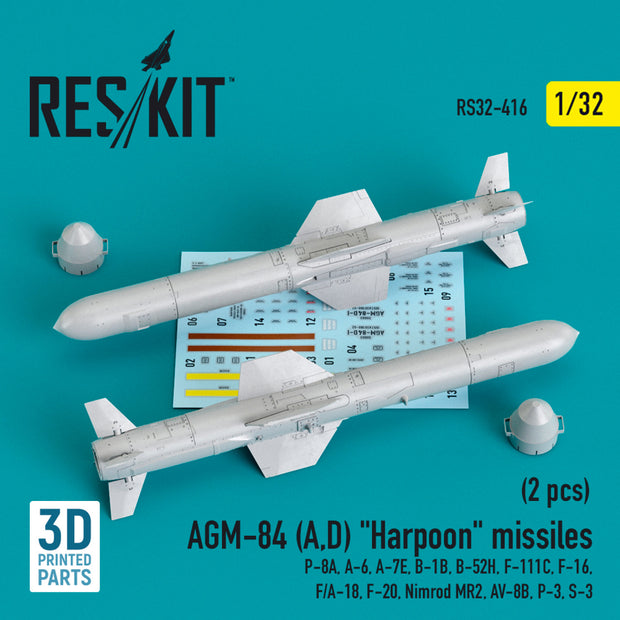 AGM-84 (A,D) Harpoon Missiles (2 pcs) (P-8A, A-6, A-7E, B-1B, B-52H, F-111C, F-16, F/A-18, F-20, Nimrod MR2, AV-8B, P-3, S-3) (3D Printing) Scale 1:32 ResKit RS32-0416 for Aircraft Model Kit