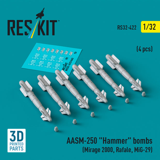 AASM-250 Hammer Bombs (6 pcs) (Mirage 2000, Rafale, MiG-29) (3D Printed) Scale 1:32 ResKit RS32-0422 for Aircraft Model Kit