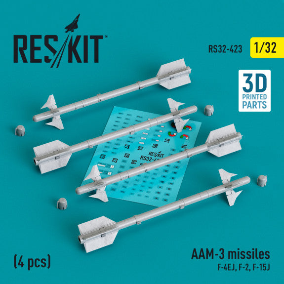 AAM-3 Missiles (4 pcs) (F-4EJ, F-2, F-15J) (3D Printed) Scale 1:32 ResKit RS32-0423 for Aircraft Model Kit