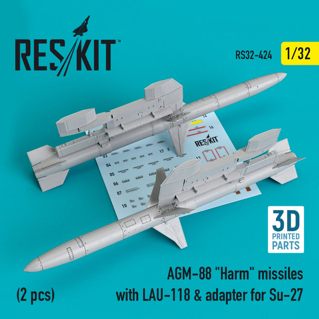 AGM-88 Harm Missiles with LAU-118 & adapter for Sukhoi Su-27 (2 pcs) Scale 1:32 ResKit RS32-0424 for Aircraft Model Kit