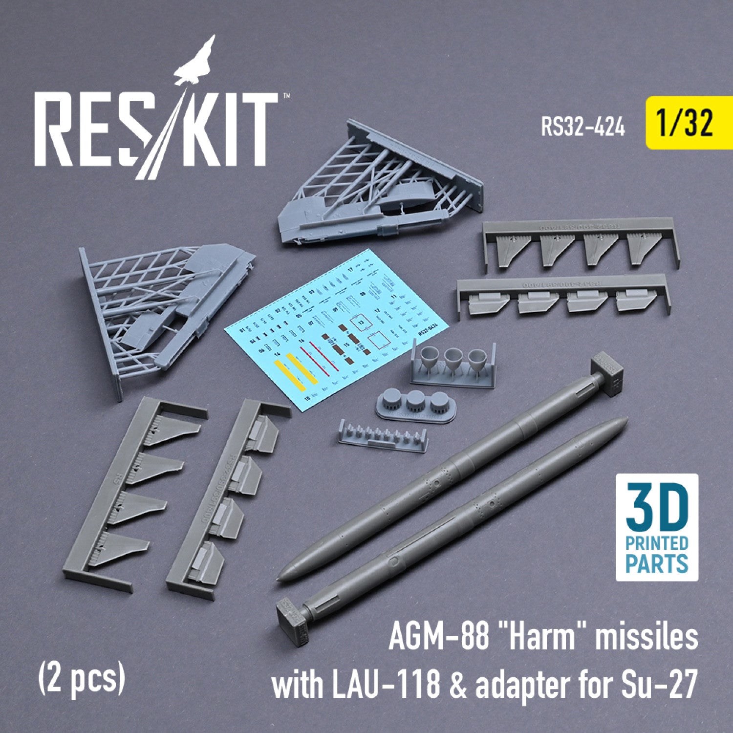AGM-88 Harm Missiles with LAU-118 & adapter for Sukhoi Su-27 (2 pcs) Scale 1:32 ResKit RS32-0424 for Aircraft Model Kit