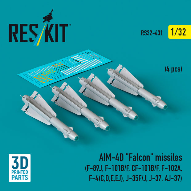 AIM-4D Falcon Missiles (4 pcs) (F-89J, F-101B/F, CF-101B/F, F-102A, F-4(C,D,E,EJ), J-35F/J, J-37, AJ-37) (3D Printed) Scale 1:32 ResKit RS32-0431 for Aircraft Model Kit