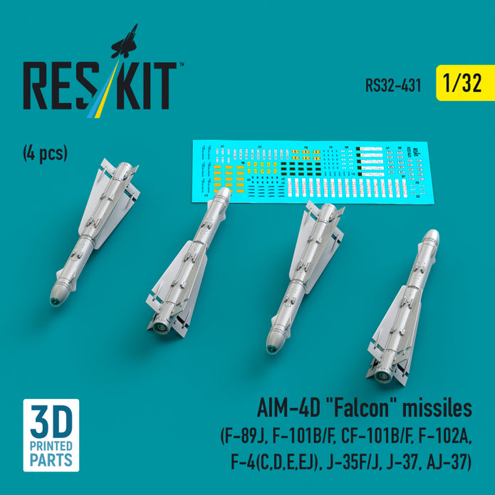 AIM-4D Falcon Missiles (4 pcs) (F-89J, F-101B/F, CF-101B/F, F-102A, F-4(C,D,E,EJ), J-35F/J, J-37, AJ-37) (3D Printed) Scale 1:32 ResKit RS32-0431 for Aircraft Model Kit