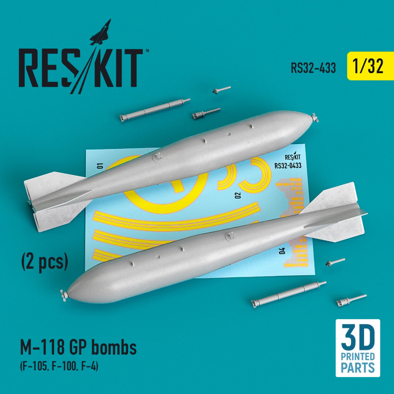 M-118 GP Bombs (2 pcs) (F-105, F-100, F-4) (3D Printing) Scale 1:32 ResKit RS32-0433 for Aircraft Model Kit
