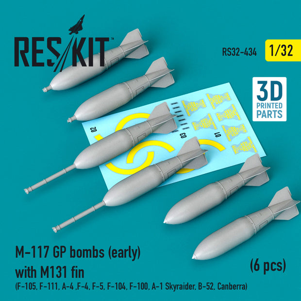 M-117 GP Bombs (early) with M131 fin (6 pcs) (F-105, F-111, A-4 ,F-4, F-5, F-104, F-100, A-1 Skyraider, B-52, Canberra) (3D Printing) Scale 1:32 ResKit RS32-0434 for Aircraft Model Kit