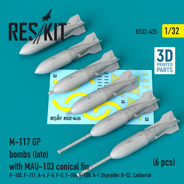 M-117 GP Bombs (late) with MAU-103 conical fin (6 pcs) (F-105, F-111, A-4 ,F-4, F-5, F-104, F-100, A-1 Skyraider, B-52, Canberra) (3D Printing) Scale 1:32 ResKit RS32-0435 for Aircraft Model Kit