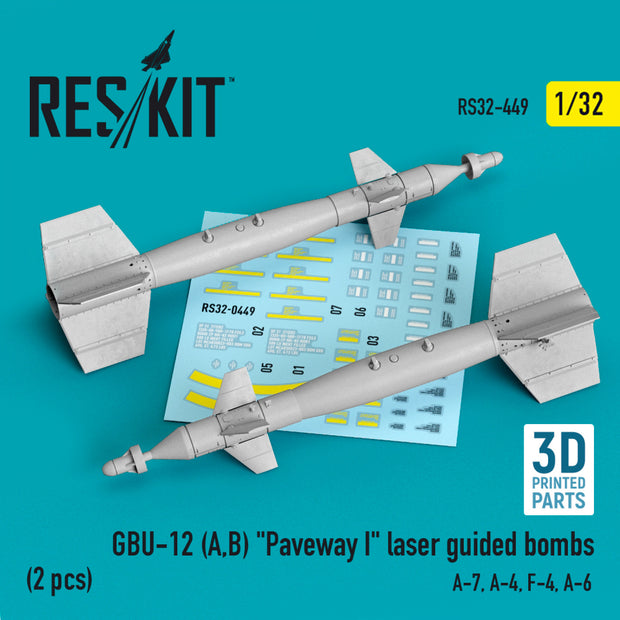 GBU-12 (A,B) "Paveway I" Laser Guided Bombs (2 pcs) (A-7, A-4, F-4, A-6) (3D Printed) Scale 1:32 ResKit RS32-0449 for Aircraft Model Kit