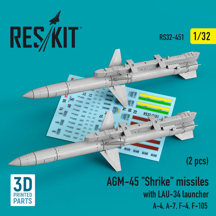 AGM-45 Shrike Missiles with LAU-34 launcher (2 pcs) (A-4, A-7, F-4, F-105) (3D Printed) Scale 1:32 ResKit RS32-0451 for Aircraft Model Kit