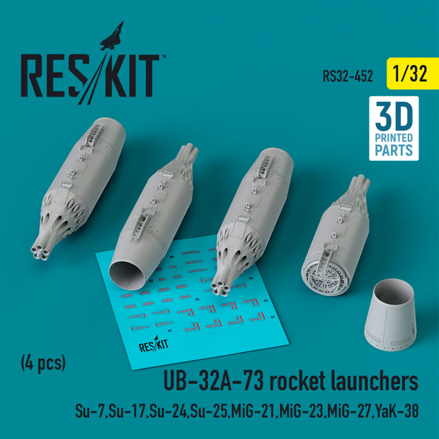 UB-32A-73 Rocket Launchers (4 pcs) (Su-7, Su-17, Su-24, Su-25, MiG-21, MiG-23, MiG-27, YaK-38) (3D Printed) Scale 1:32 ResKit RS32-0452 for Aircraft Model Kit