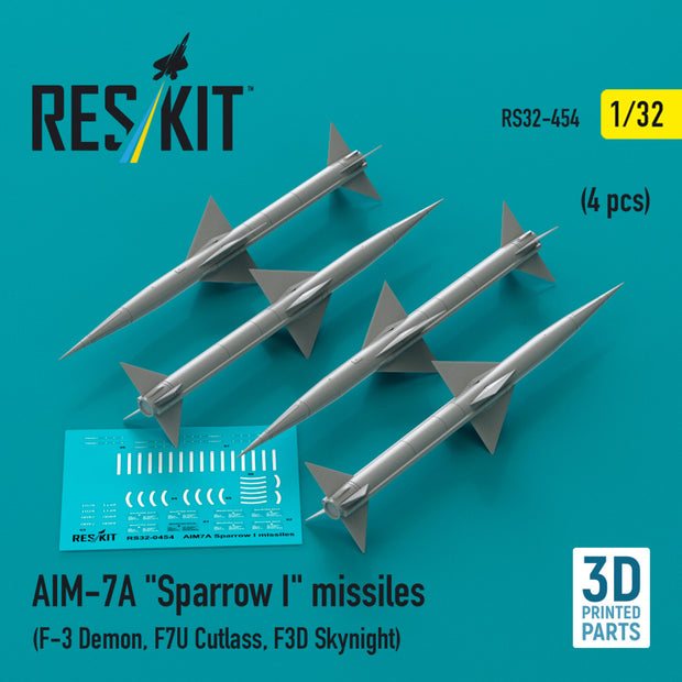 AIM-7A Sparrow I Missiles (4 pcs) (F-3 Demon, F7U Cutlass, F3D Skynight) (3D Printed) Scale 1:32 ResKit RS32-0454 for Aircraft Model Kit