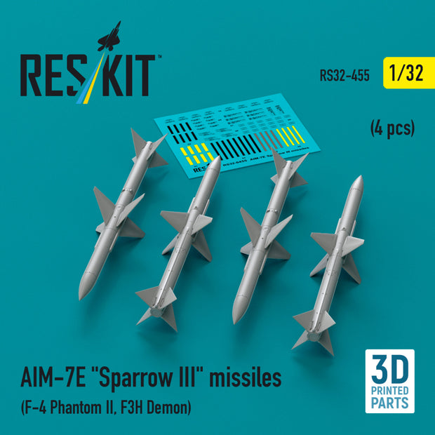 AIM-7E Sparrow III Missiles (4 pcs) (F-4 Phantom II, F3H Demon) (3D Printed) Scale 1:32 ResKit RS32-0455 for Aircraft Model Kit