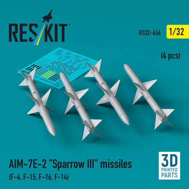 AIM-7E-2 Sparrow III Missiles (4 pcs) (F-4, F-15, F-16, F-14) (3D Printed) Scale 1:32 ResKit RS32-0456 for Aircraft Model Kit
