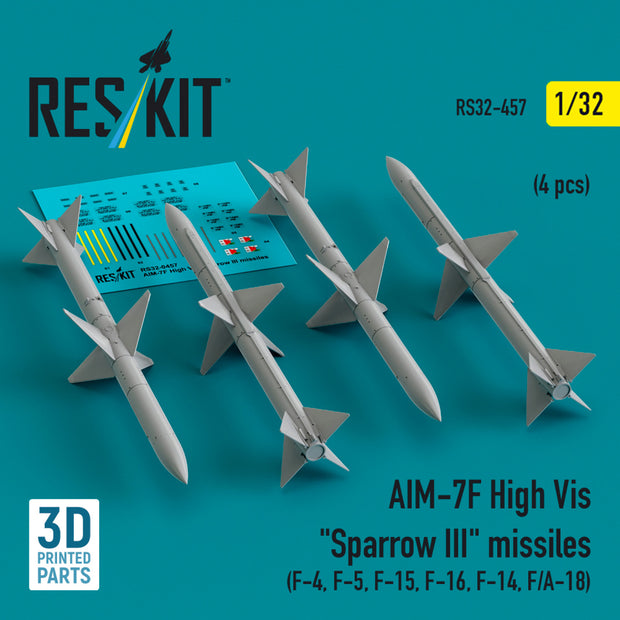 AIM-7F High Vis Sparrow III Missiles (4 pcs) (F-4, F-5, F-15, F-16, F-14, F/A-18) (3D Printed) Scale 1:32 ResKit RS32-0457 for Aircraft Model Kit
