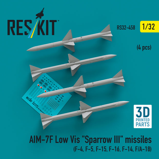 AIM-7F Low Vis Sparrow III Missiles (4 pcs) (F-4, F-5, F-15, F-16, F-14, F/A-18) (3D Printed) Scale 1:32 ResKit RS32-0458 for Aircraft Model Kit
