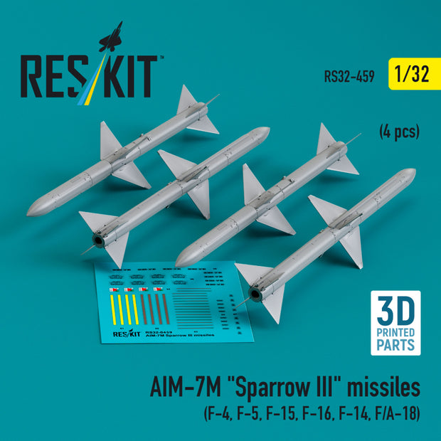 AIM-7M Sparrow III Missiles (4 pcs ) (F-4, F-5, F-15, F-16, F-14, F/A-18) (3D Printed) Scale 1:32 ResKit RS32-0459 for Aircraft Model Kit