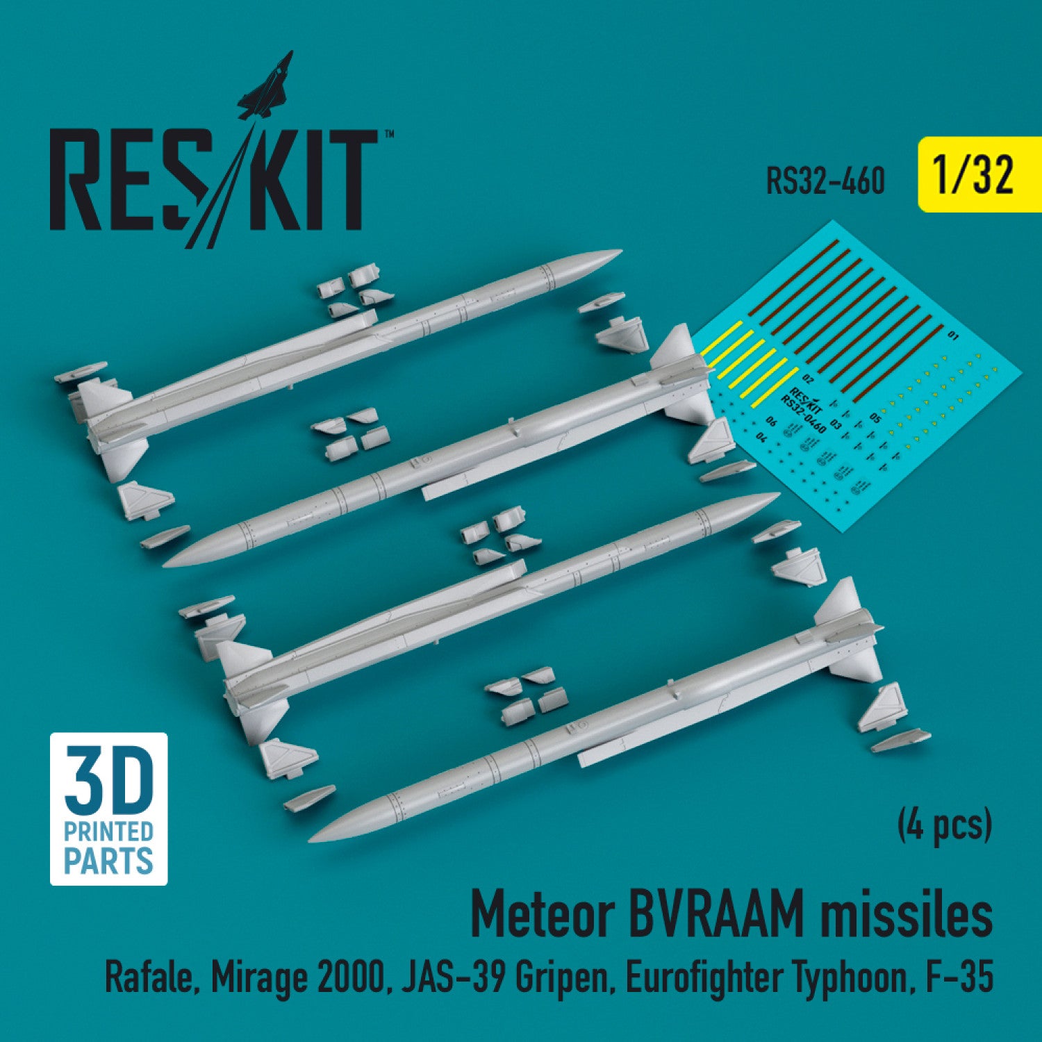 Meteor BVRAAM Missiles (4 pcs) (Rafale, Mirage 2000, JAS-39 Gripen, Eurofighter Typhoon, F-35) (3D Printed) Scale 1:32 ResKit RS32-0460 for Aircraft Model Kit