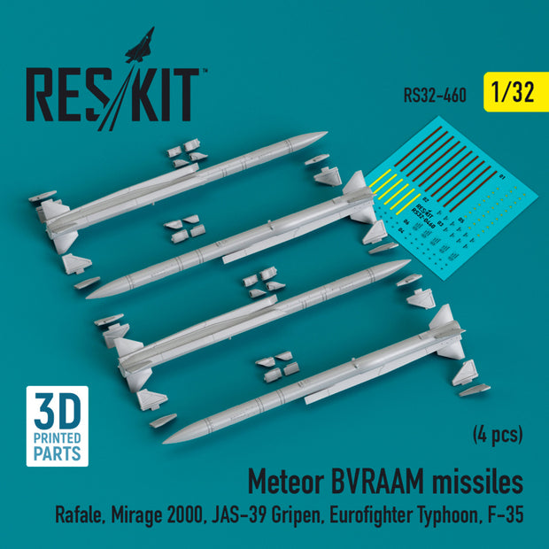 Meteor BVRAAM Missiles (4 pcs) (Rafale, Mirage 2000, JAS-39 Gripen, Eurofighter Typhoon, F-35) (3D Printed) Scale 1:32 ResKit RS32-0460 for Aircraft Model Kit