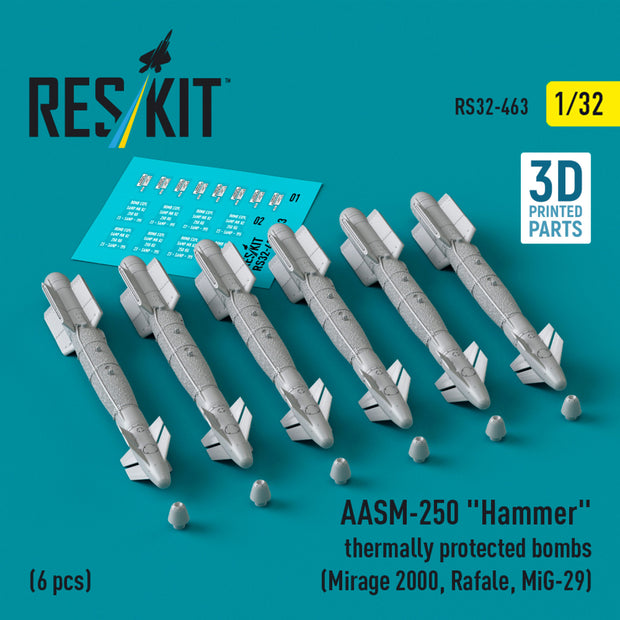 AASM-250 Hammer Thermally Protected Bombs (6 pcs) (Mirage 2000, Rafale, MiG-29) (3D Printed) Scale 1:32 ResKit RS32-0463 for Aircraft Model Kit