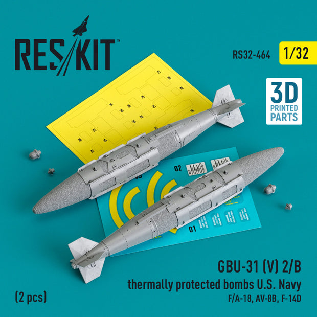 GBU-31 (V) 2/B Thermally Protected Bombs U.S. Navy (2 pcs) (F/A-18, AV-8B, F-14D) (3D Printed) Scale 1:32 ResKit RS32-0464 for Aircraft Model Kit