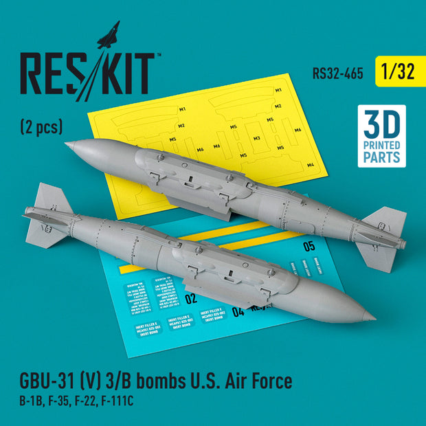 GBU-31 (V) 3/B Bombs U,S, Air Force (2 pcs) (B-1B, F-35, F-22, F-111C) (3D Printed) Scale 1:32 ResKit RS32-0465 for Aircraft Model Kit