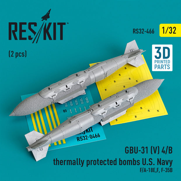 GBU-31 (V) 4/B Thermally Protected Bombs U.S. Navy (2 pcs) (F/A-18E,F, F-35B) (3D Printed) Scale 1:32 ResKit RS32-0466 for Aircraft Model Kit