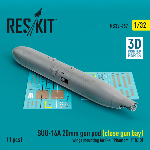 SUU-16A 20mm gun pod (close gun bay) wings mounting for McDonnell Douglas F-4 Phantom II (C,D) (1 pcs) (3D Printed) Scale 1:32 ResKit RS32-0467 for Aircraft Model Kit