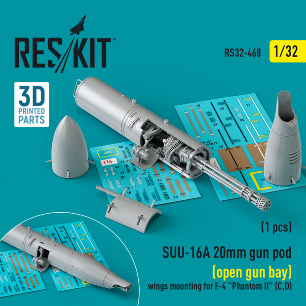 SUU-16A 20mm gun pod (open gun bay) wings mounting for McDonnell Douglas F-4 Phantom II (C,D) (1 pcs) (3D Printed) Scale 1:32 ResKit RS32-0468 for Aircraft Model Kit