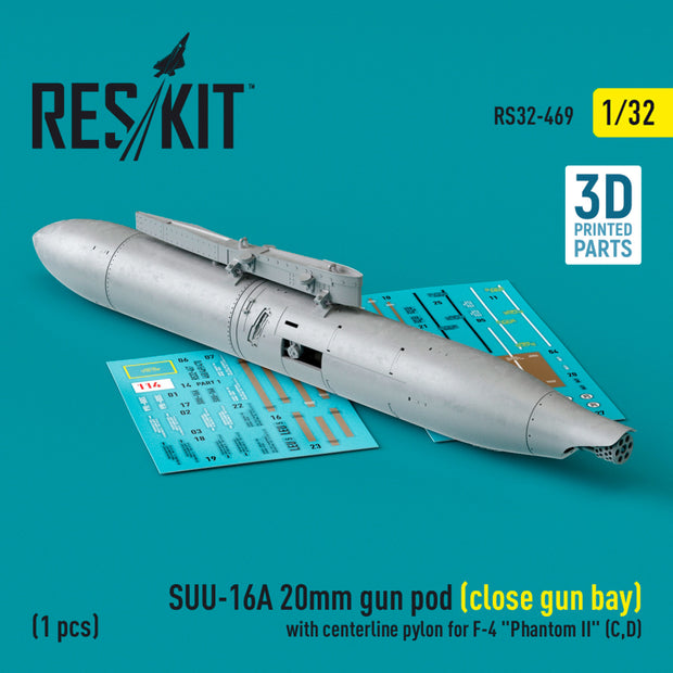 SUU-16A 20mm gun pod (close gun bay) with centerline Pylon for McDonnell Douglas F-4 Phantom II (C,D) (1 pcs) (3D Printed) Scale 1:32 ResKit RS32-0469 for Aircraft Model Kit