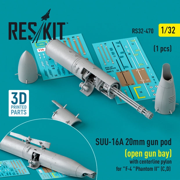 SUU-16A 20mm gun pod (open gun bay) with centerline Pylon for McDonnell Douglas F-4 Phantom II (C,D) (1 pcs) (3D Printed) Scale 1:32 ResKit RS32-0470 for Aircraft Model Kit