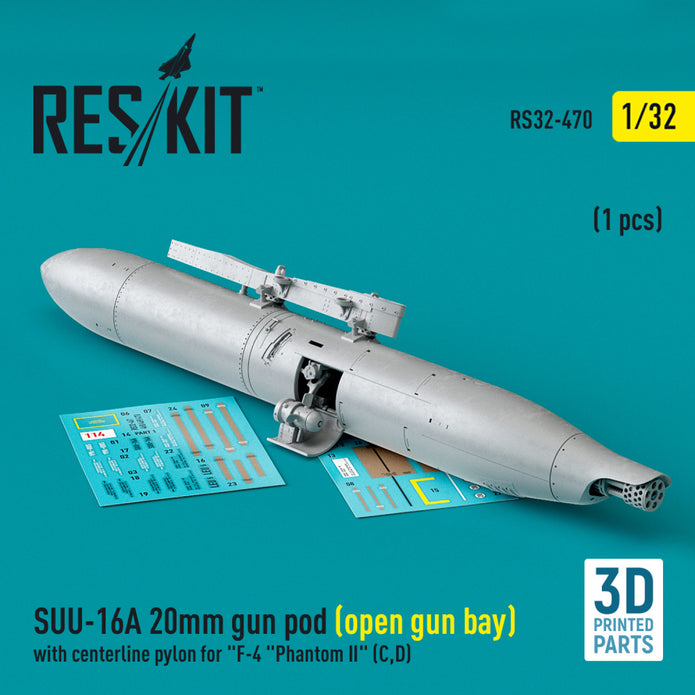 SUU-16A 20mm gun pod (open gun bay) with centerline Pylon for McDonnell Douglas F-4 Phantom II (C,D) (1 pcs) (3D Printed) Scale 1:32 ResKit RS32-0470 for Aircraft Model Kit