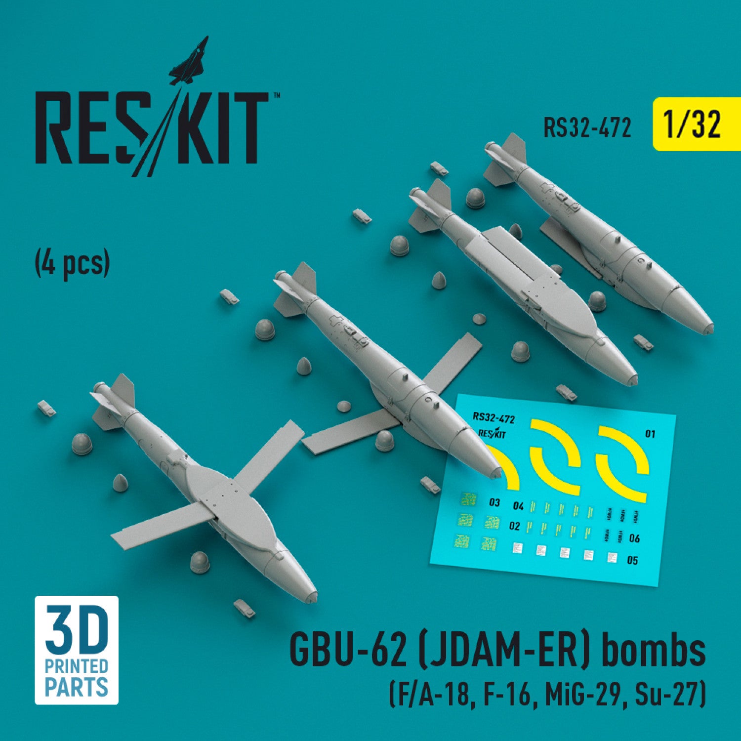 GBU-62 (JDAM-ER) Bombs (4 pcs) (F/A-18, F-16, MiG-29, Su-27) (3D Printed) Scale 1:32 ResKit RS32-0472 for Aircraft Model Kit