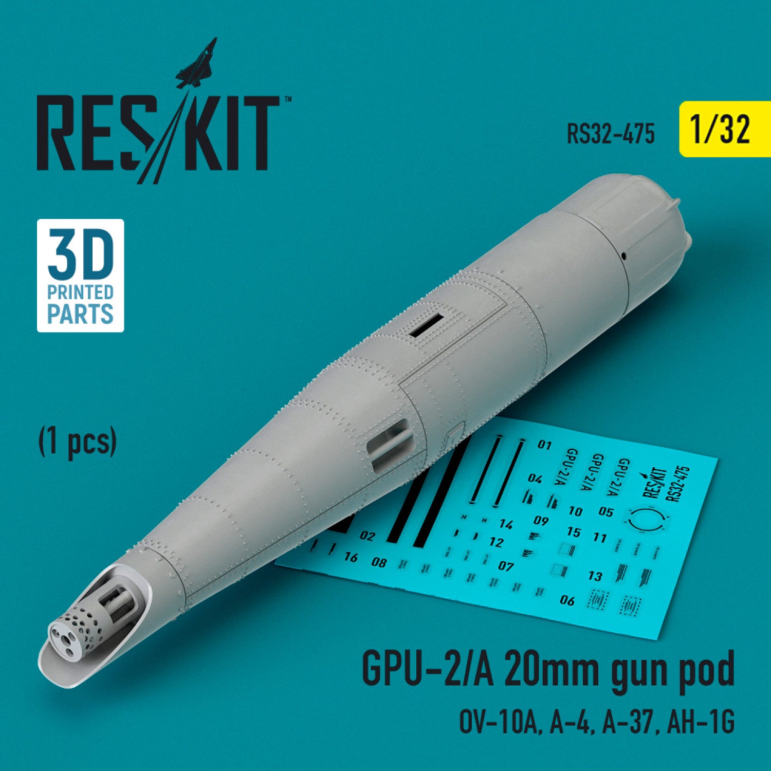 GPU-2/A 20mm gun pod (1 pcs) (OV-10A, A-4, A-37, AH-1G) (3D Printed) Scale 1:32 ResKit RS32-0475 for Aircraft Model Kit