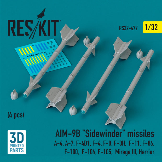 AIM-9B Sidewinder Missiles (4 pcs) (A-4, A-7, F-4D1, F-4, F-8, F-3H, F-11, F-86,F-100, F-104, F-105, Mirage III, Harrier) (3D Printed) Scale 1:32 ResKit RS32-0477 for Aircraft Model Kit