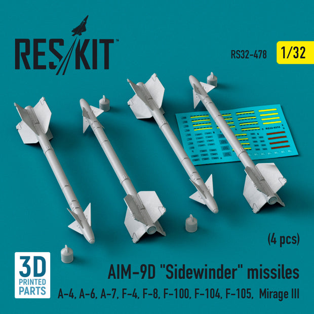 AIM-9D Sidewinder Missiles (4 pcs) (A-4, A-6, A-7, F-4, F-8, F-100, F-104, F-105, Mirage III) (3D Printed) Scale 1:32 ResKit RS32-0478 for Aircraft Model Kit