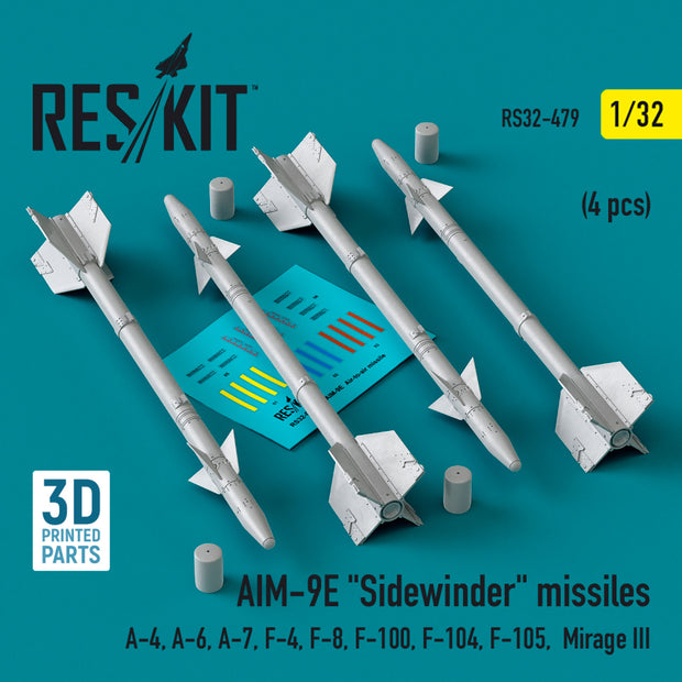 AIM-9E Sidewinder Missiles (4 pcs) (A-4, A-6, A-7, F-4, F-8, F-100, F-104, F-105, Mirage III) (3D Printed) Scale 1:32 ResKit RS32-0479 for Aircraft Model Kit