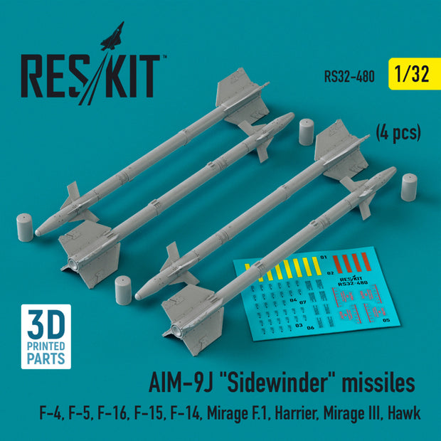 AIM-9J Sidewinder Missiles (4 pcs) (F-4, F-5, F-16, F-15, F-14, Mirage F.1, Harrier, Mirage III, Hawk) (3D Printed) Scale 1:32 ResKit RS32-0480 for Aircraft Model Kit