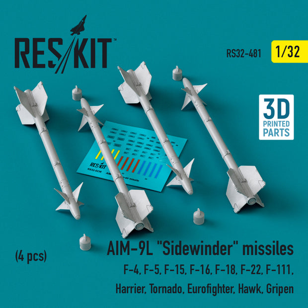 AIM-9L Sidewinder Missiles (4 pcs) (F-4, F-5, F-15, F-16, F-18, F-22, F-111, Harrier, Tornado, Eurofighter, Hawk, Gripen) (3D Printed) Scale 1:32 ResKit RS32-0481 for Aircraft / Helicopters Model Kit