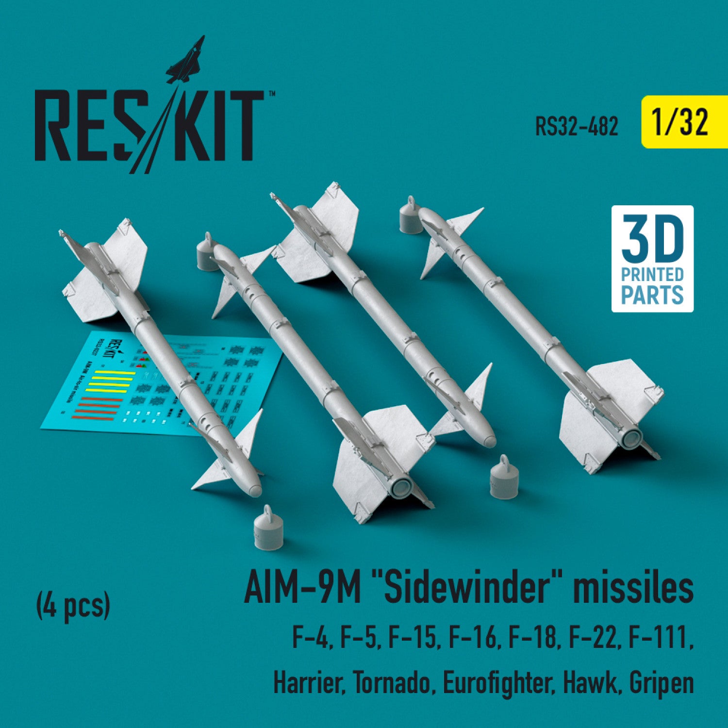AIM-9M Sidewinder Missiles (4 pcs) (F-4, F-5, F-15, F-16, F-18, F-22, F-111, Harrier, Tornado, Eurofighter, Hawk, Gripen) (3D Printed) Scale 1:32 ResKit RS32-0482 for Aircraft / Helicopters Model Kit