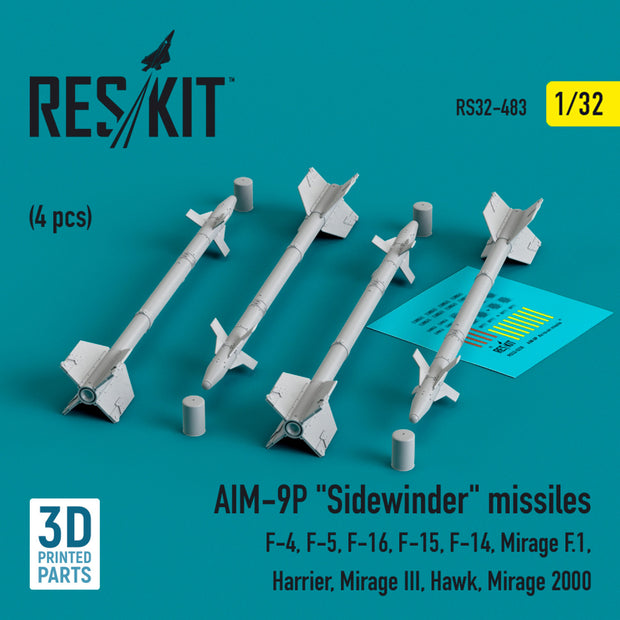 AIM-9P Sidewinder Missiles (4 pcs) (F-4, F-5, F-16, F-15, F-14, Mirage F.1, Harrier, Mirage III, Hawk, Mirage 2000) (3D Printed) Scale 1:32 ResKit RS32-0483 for Aircraft Model Kit