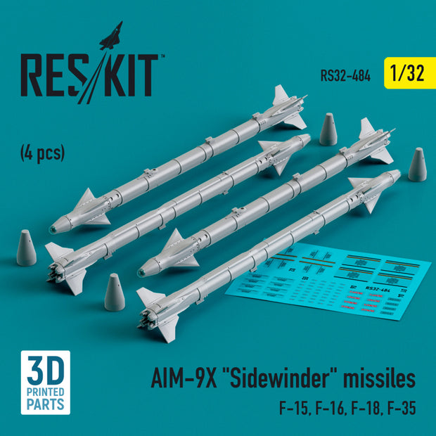AIM-9X Sidewinder Missiles (4 pcs) (F-15, F-16, F-18, F-35) (3D Printed) Scale 1:32 ResKit RS32-0484 for Aircraft Model Kit